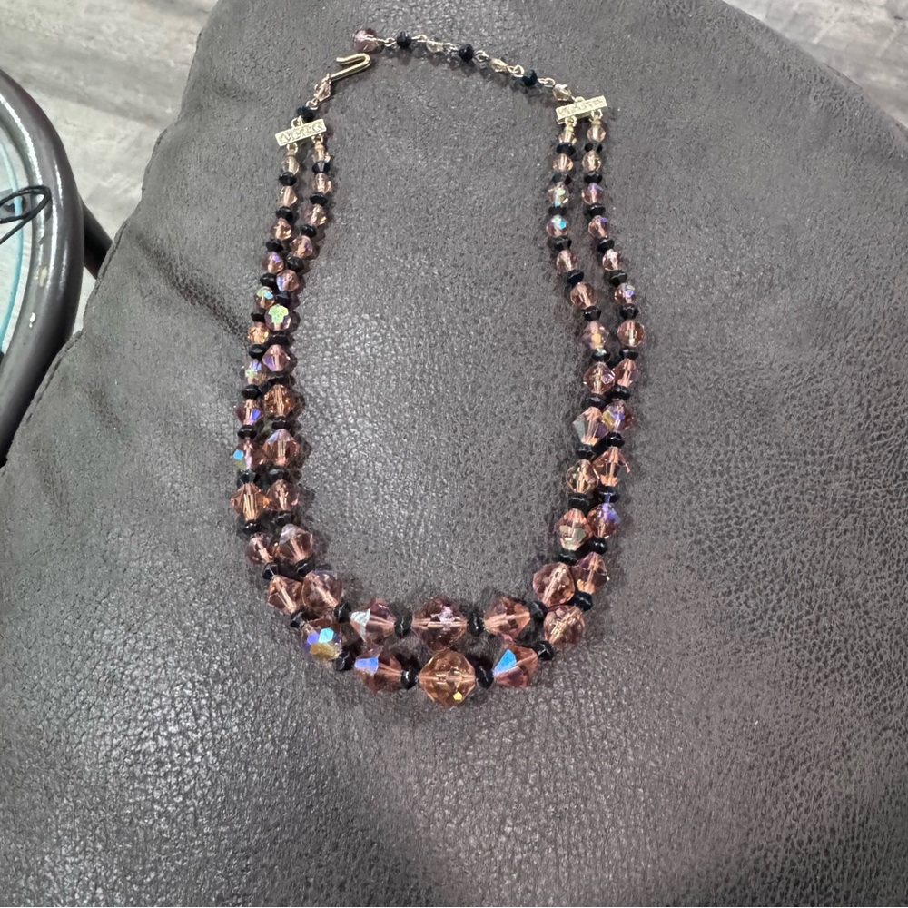 Vintage two‎ stand Rise and Black Glass Bead aurora borealis  Necklace